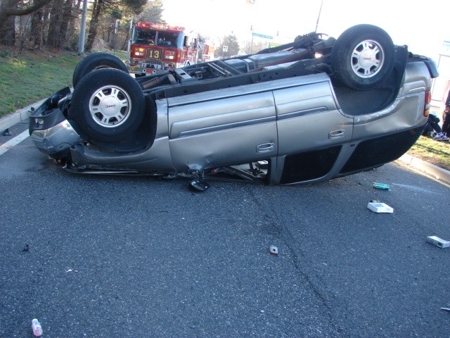 An overturned vehicle that was involved in an accident on Beverly-Rancocas Road