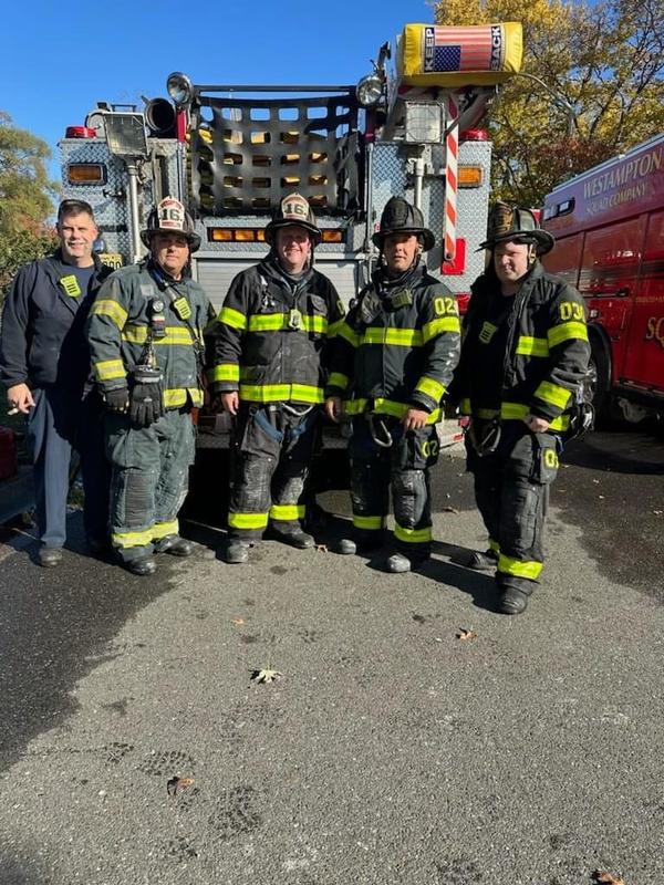 Firefighter Robertson, Captain Fresco, Lieutenant O'Donnell, Firefighters Centrone and Nardi after an all-hands fire in Twin Hills.