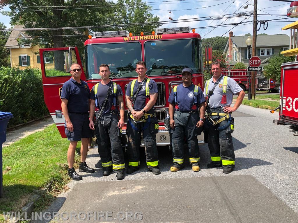 Firefighters Anderson, Riley, Barger, Barrett, and Lieutenant Costello after and all-hands fire.