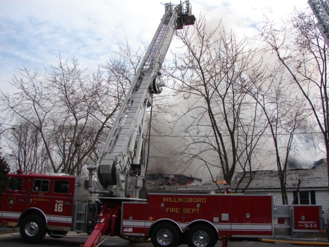 Ladder 1615 in services on a fire at the VFW Post